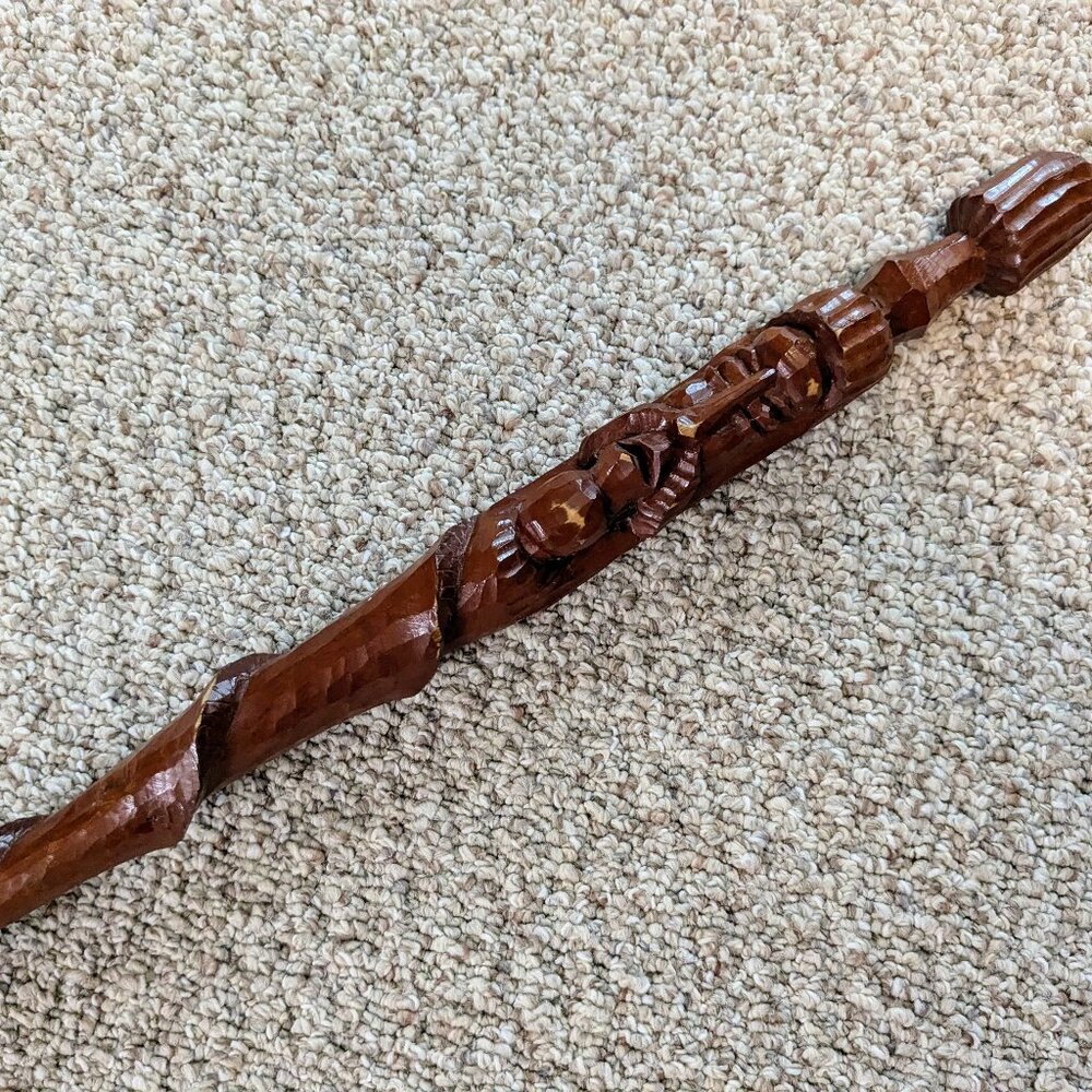 Vintage Hand Carved Wood Walking Stick Folk Art Cane Figural Caribbean Staff 40"